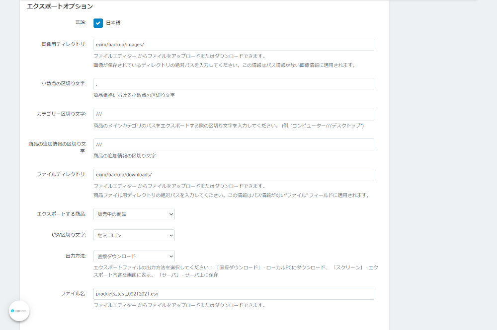 エクスポート：エクスポートオプション