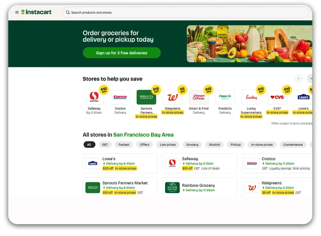 Instacart - さまざまな店舗やプロモーションを展開する複数のブランドを持つ食料品のマーケットプレイス