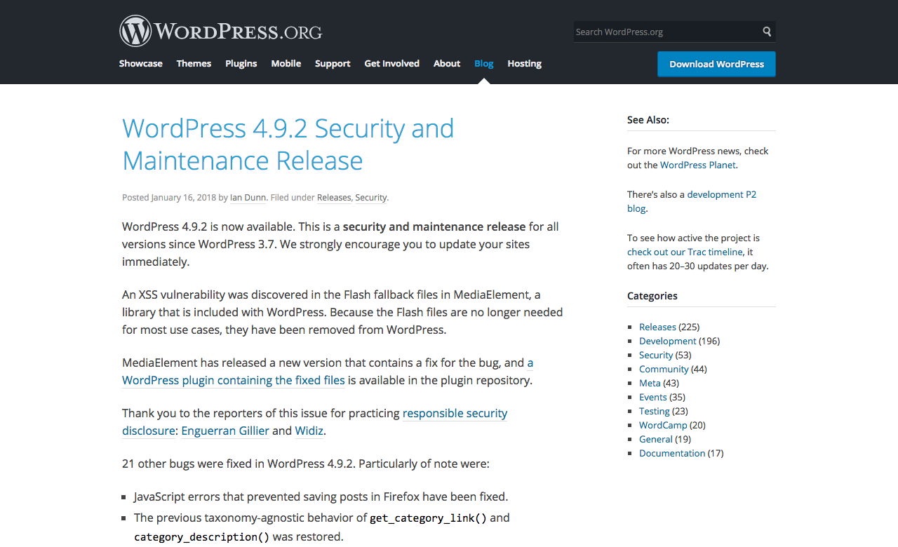 WordPress 4.9.2 Security and Maintenace release